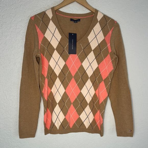 NEW Tommy Hilfiger Camel Tan Argyle Sweater V Neck Golf Caddyshack Sporty Preppy - Picture 1 of 8